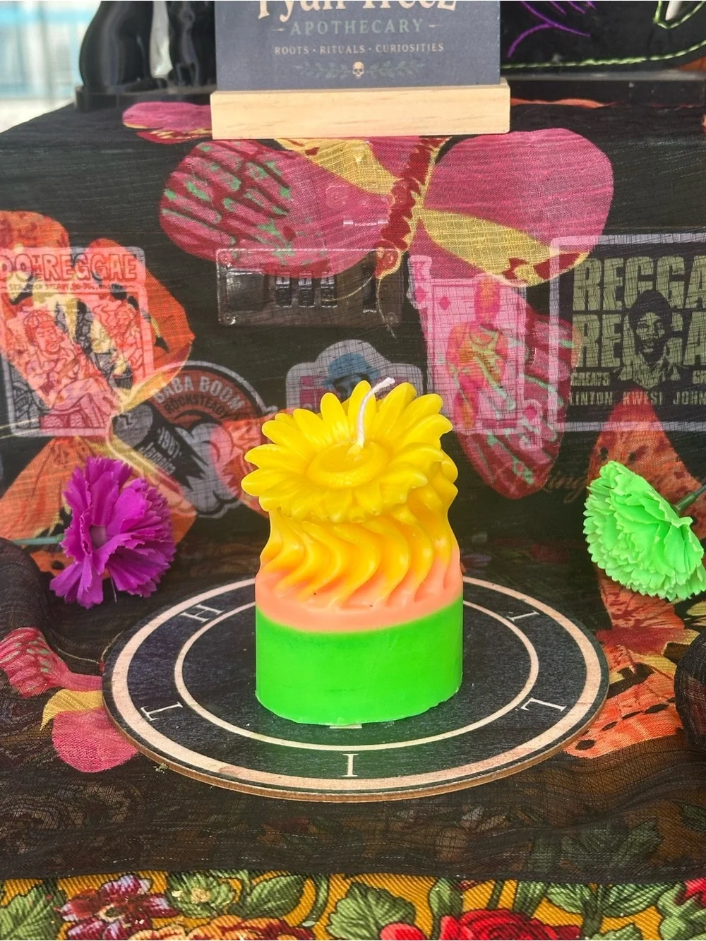Handmade Sunflower Pillar Candle – Bright Yellow, Peach & Green Floral Candle